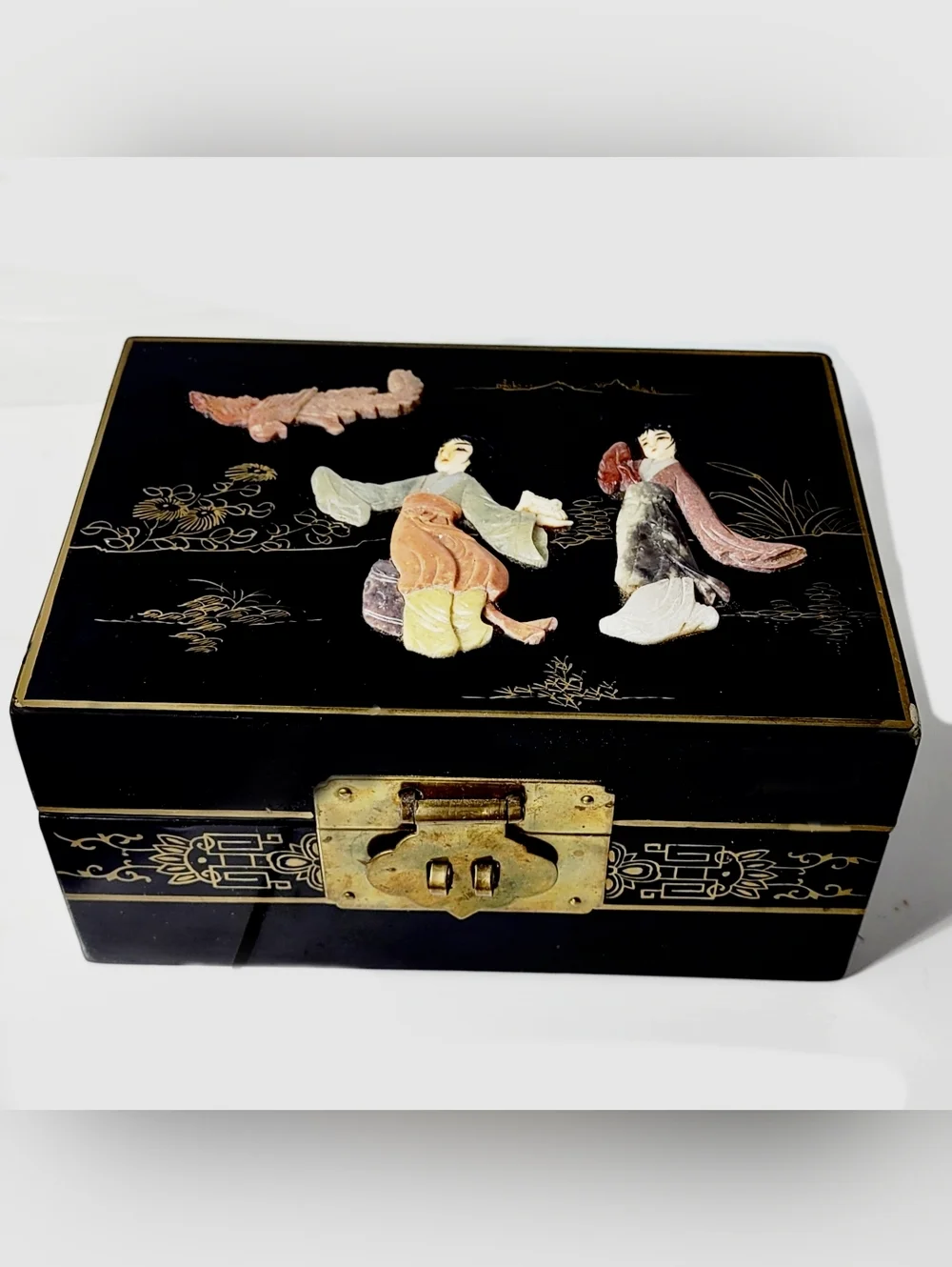 Vintage Black Lacquer Jadeite & Inlay Jewelry Box W/ Brass & Silk